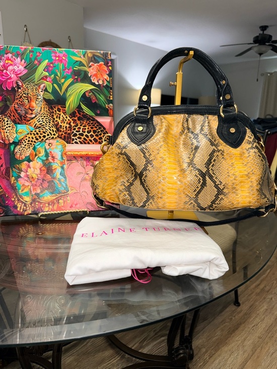 Elaine Turner Handbags - Elaine Turner Yellow Python-Print Satchel with dust bag
